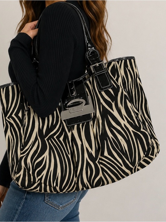 Guess Handbags - Guess Zebra Print Canvas Tote Bag Black Cream with Patent Trim